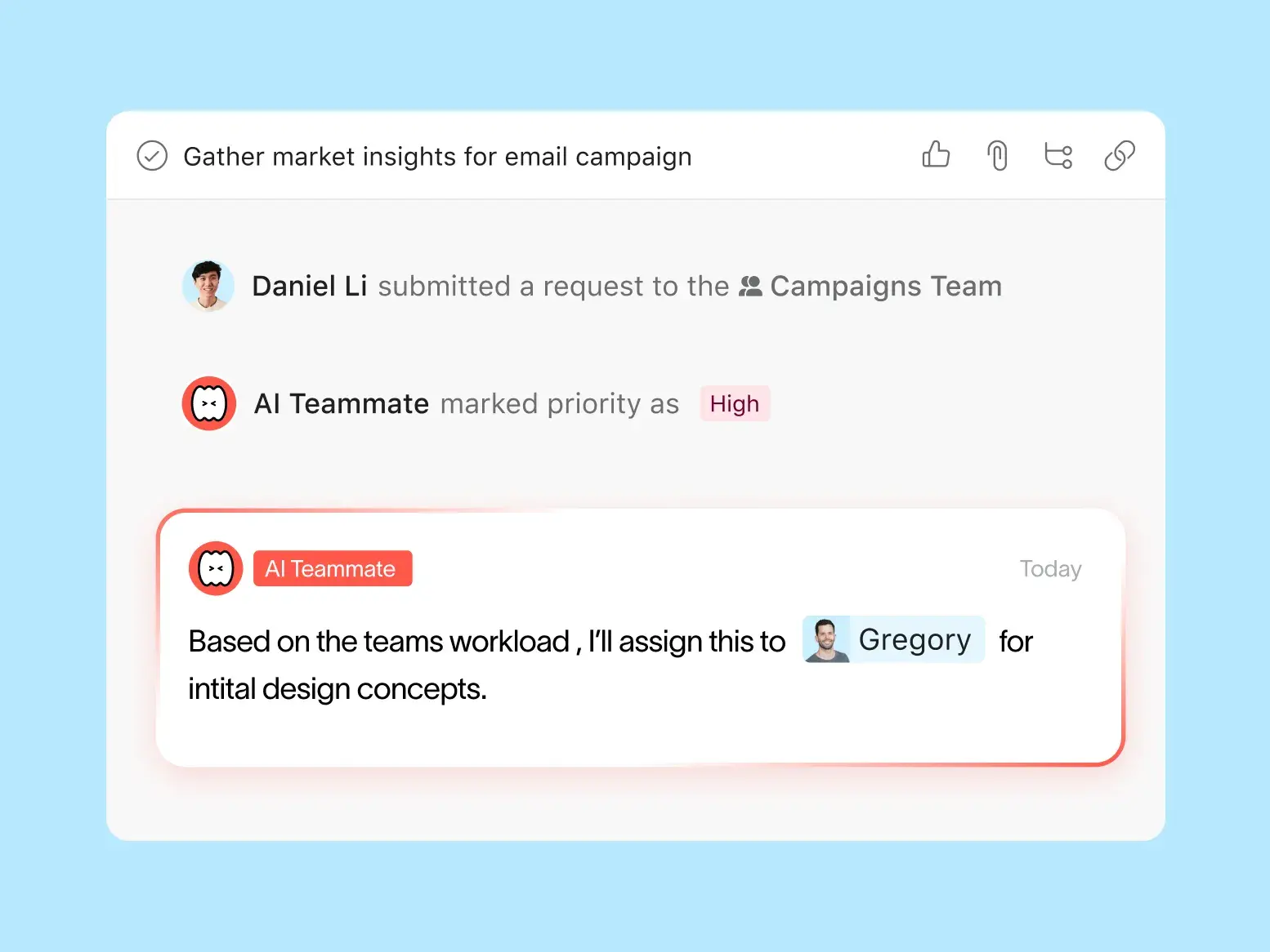 Asana UI for task "Gather market insights for email campaign". The feed shows AI Teammate marking priority as High and commenting: "Based on the teams workload, I'll assign this to Gregory for intital design concepts."
