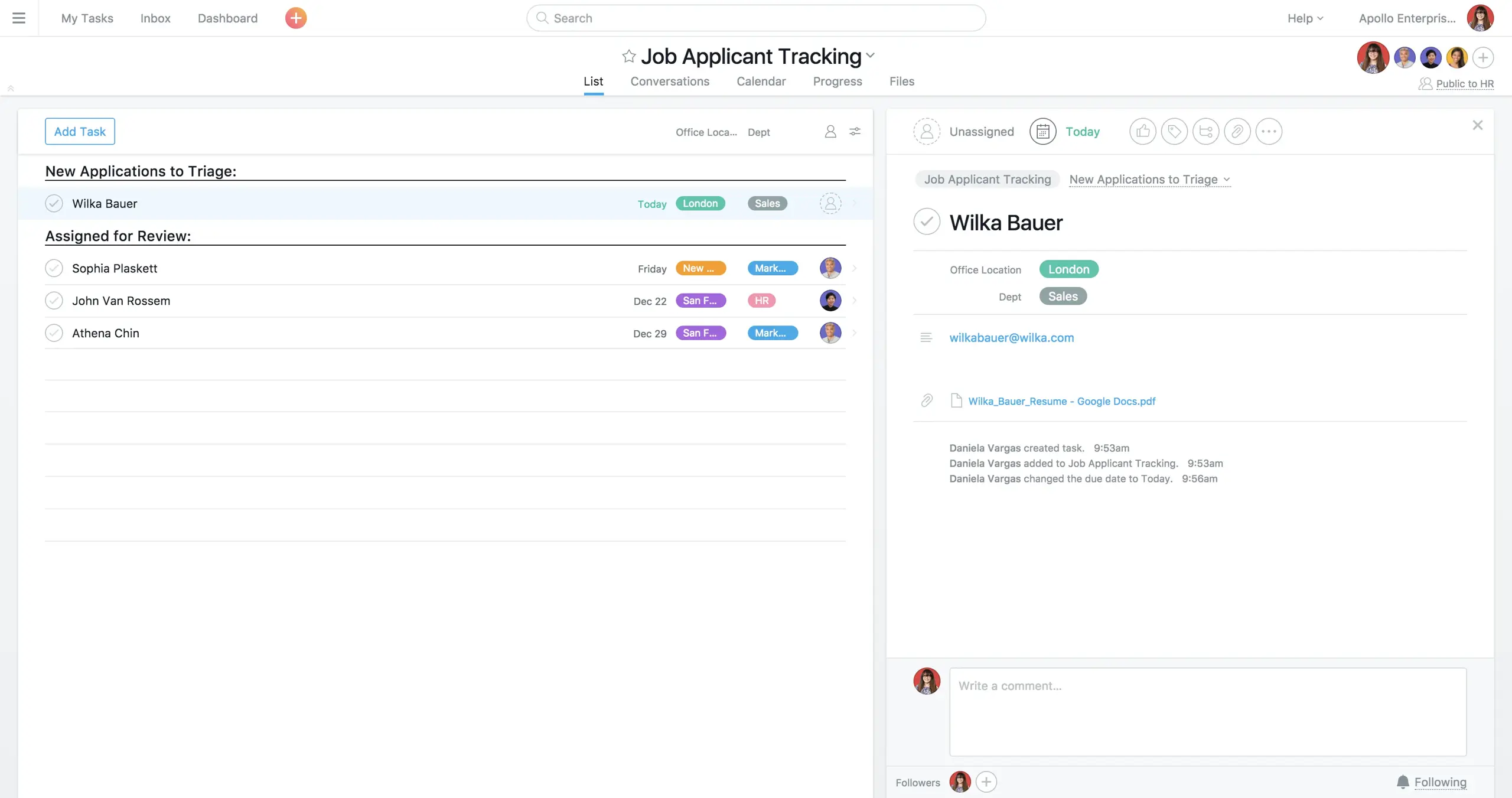 Asana board screenshot