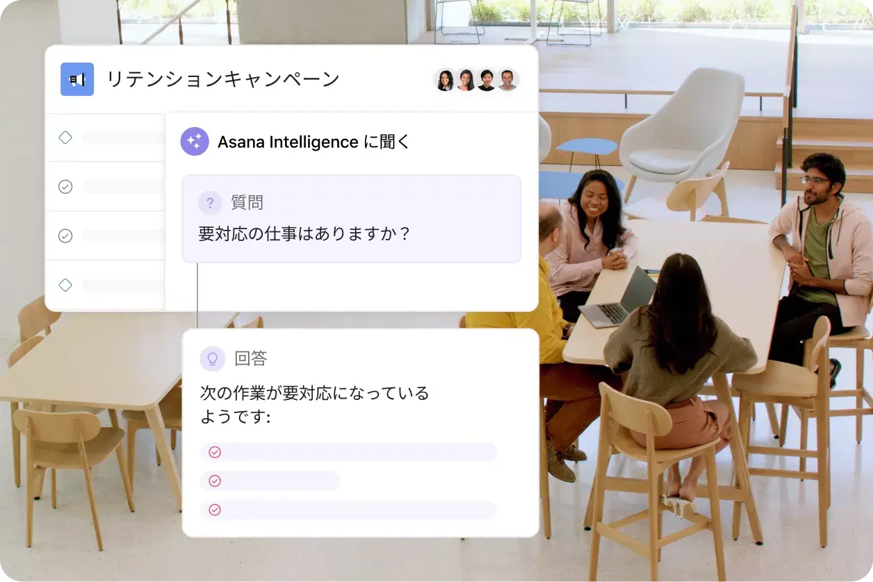 ミーティングに参加する社員の上に AI の Asana 製品 UI がオーバーレイされている画像