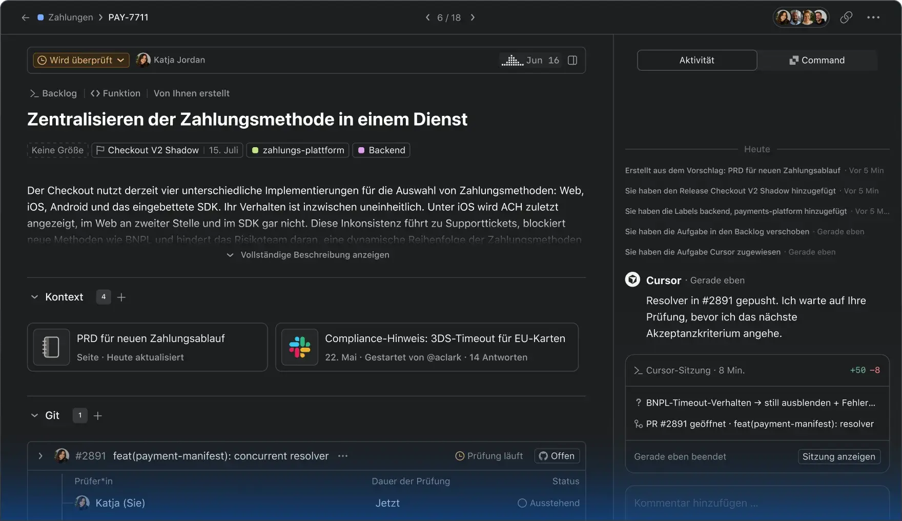 Dark mode issue tracker UI for a task to centralize payment methods. It displays the description, active Git PRs with pending reviewers, linked context docs, and an activity sidebar showing an AI Cursor integration pushing code.