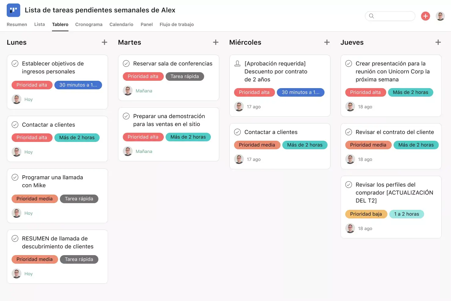 [Interfaz de usuario del producto] Lista de tareas pendientes semanal en Asana, con vista al estilo de tablero Kanban (Tableros)