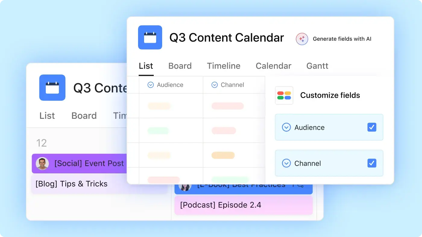 Calendario dei contenuti, interfaccia utente del prodotto Asana