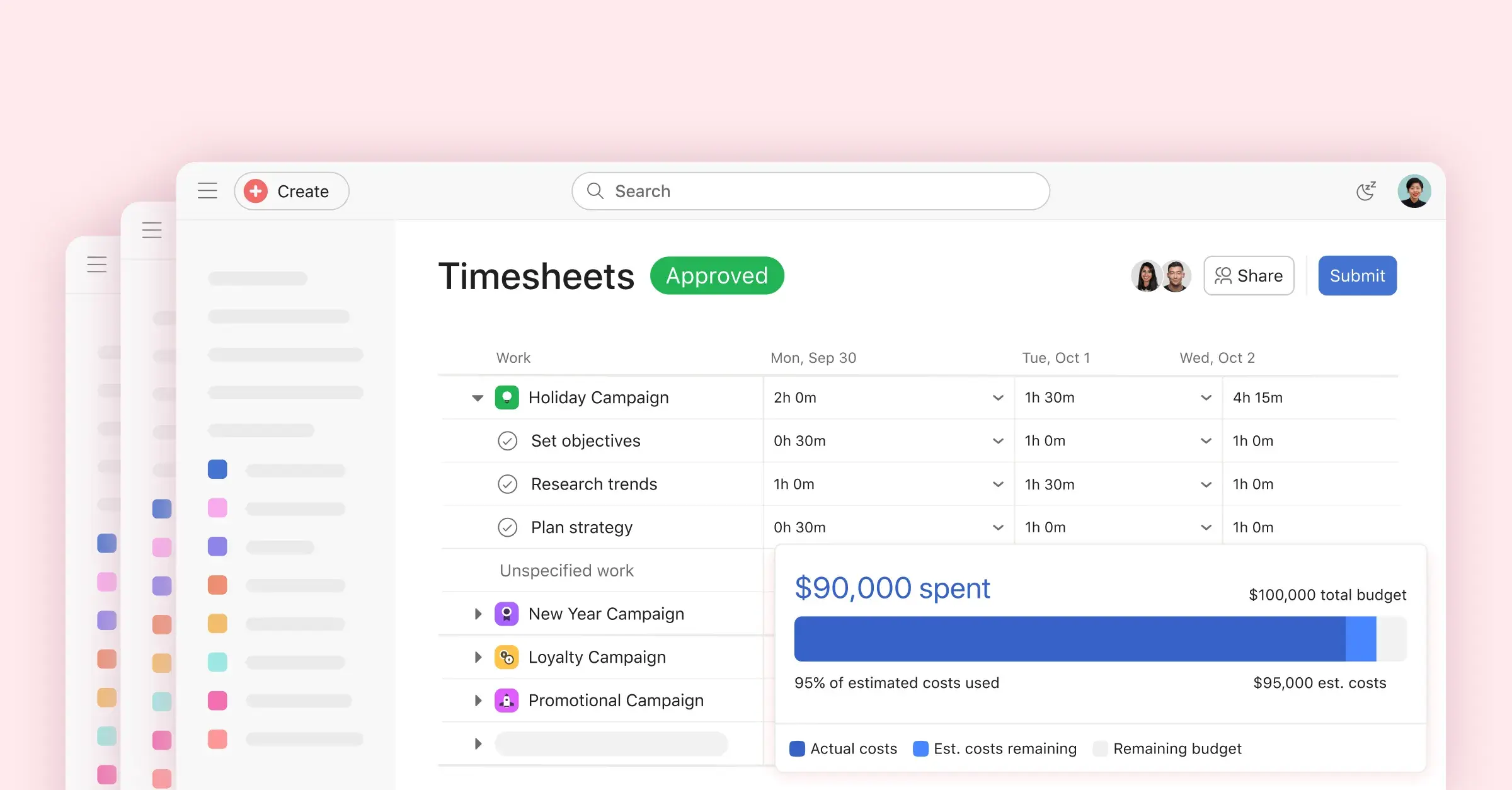 A screenshot of the Asana Timesheets dashboard showing approved work hours for marketing campaigns. A budget tracker overlay displays $90,000 spent out of $100,000, illustrating real-time cost monitoring and resource management capabilities.