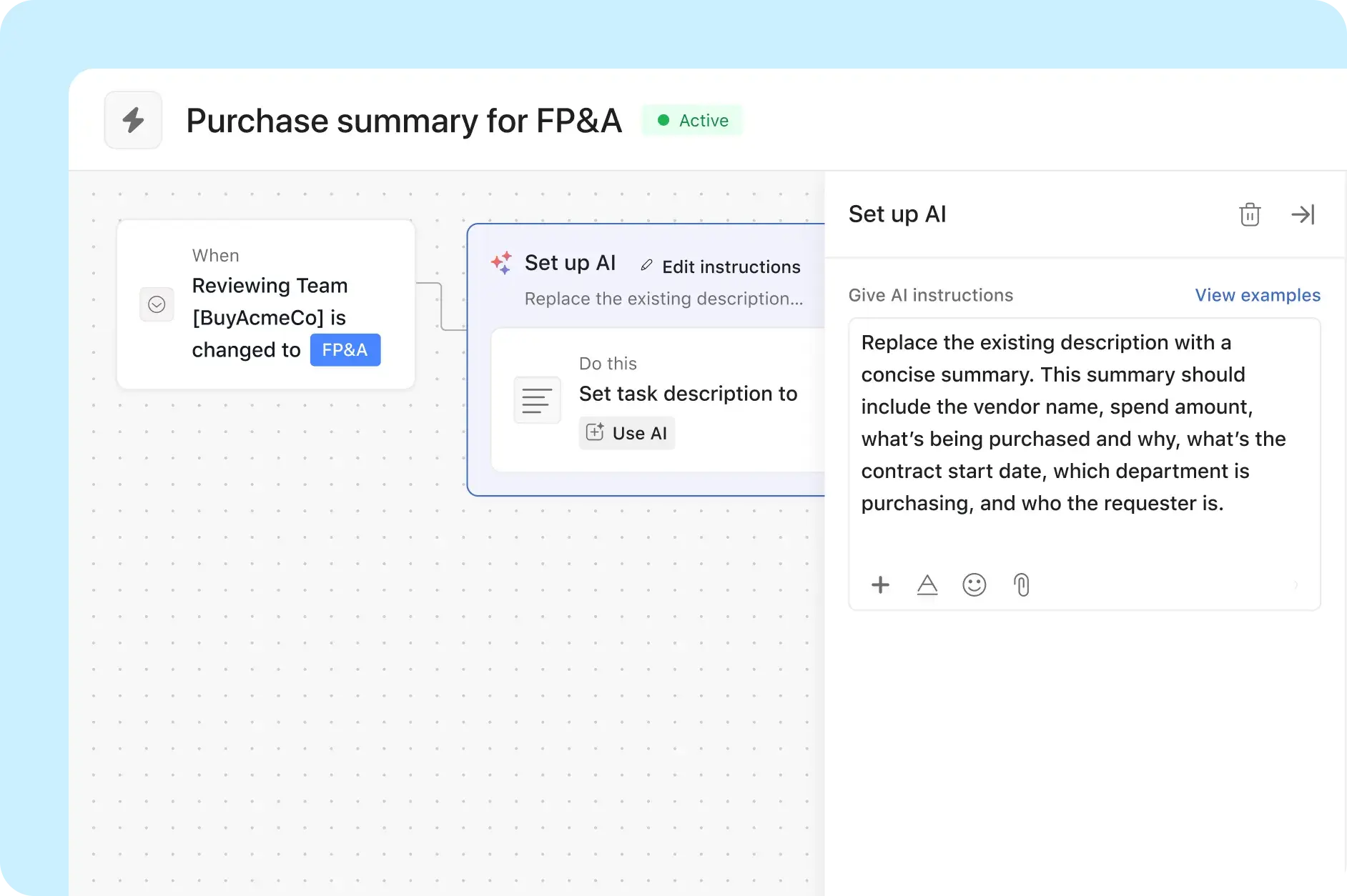 UI showing how the Asana procurement team uses Asana AI Studio to find relevant information efficiently