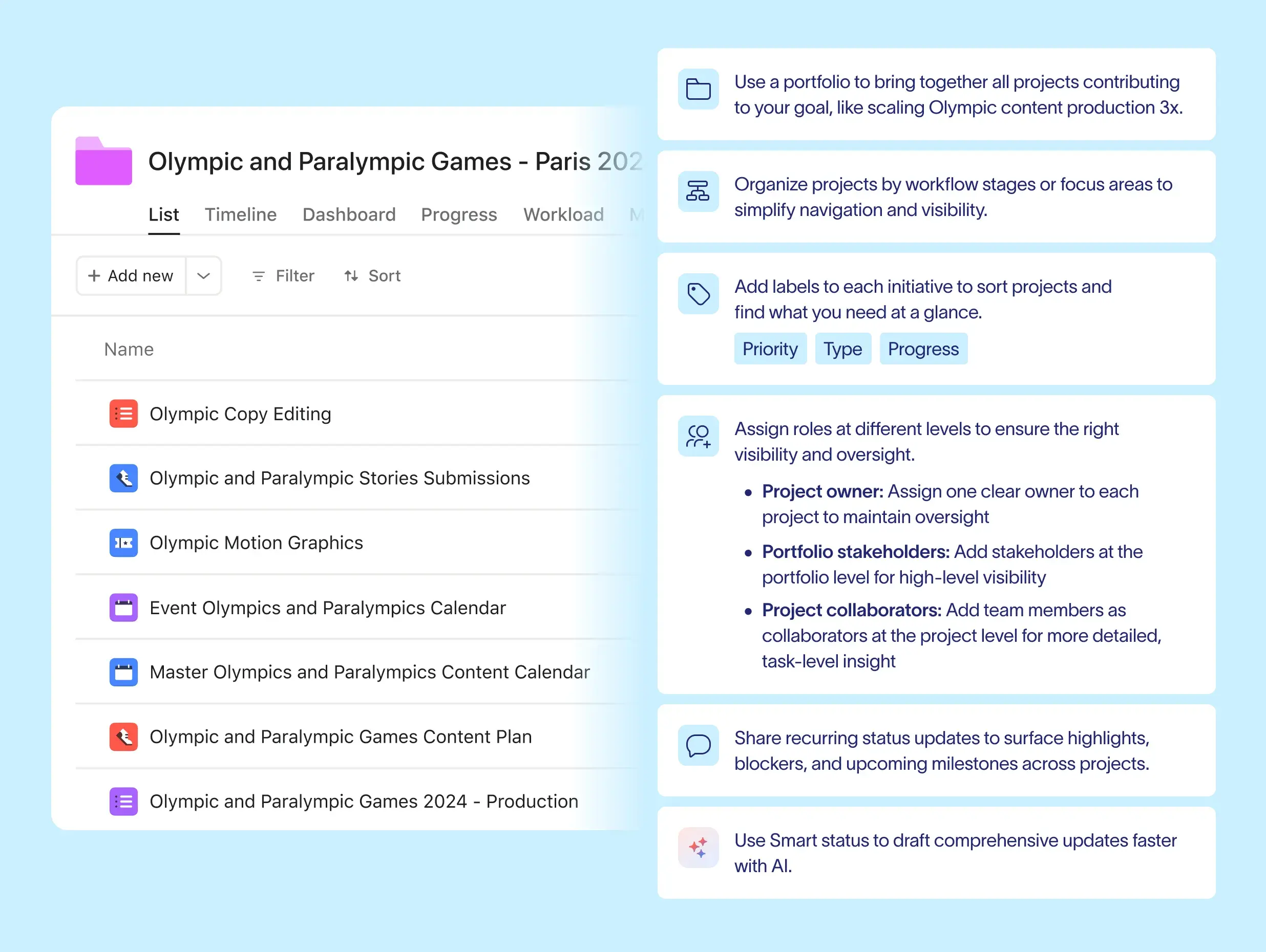 Asana portfolio "Olympic and Paralympic Games - Paris 2024" listing various content projects. Six tip cards on the right explain using portfolios, organizing projects, adding labels, assigning roles, sharing updates, and using AI Smart status.