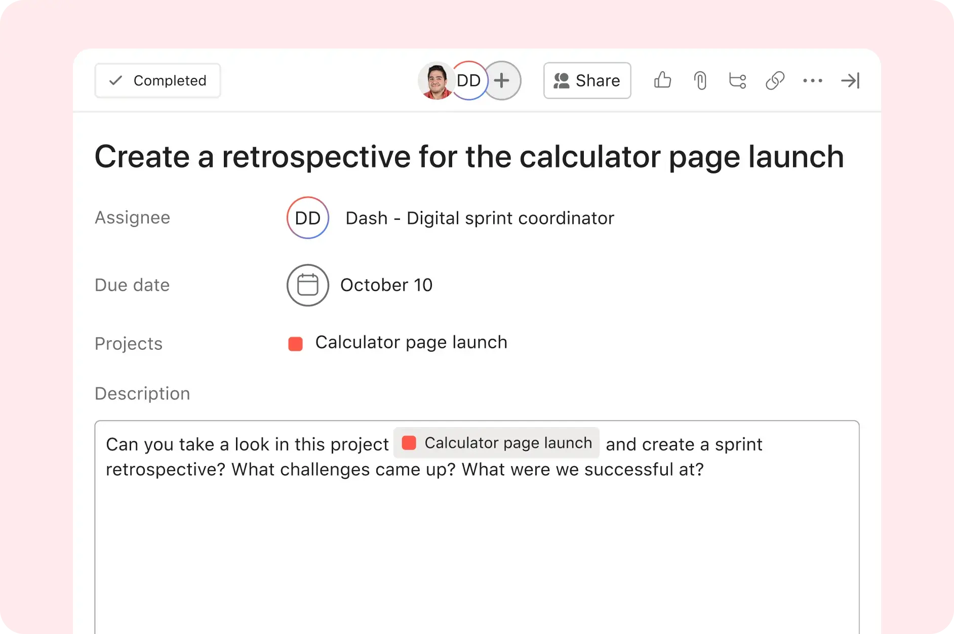 Asana product UI image showing a digital sprint coordinator AI Teammate being assigned to task of creating a retrospective