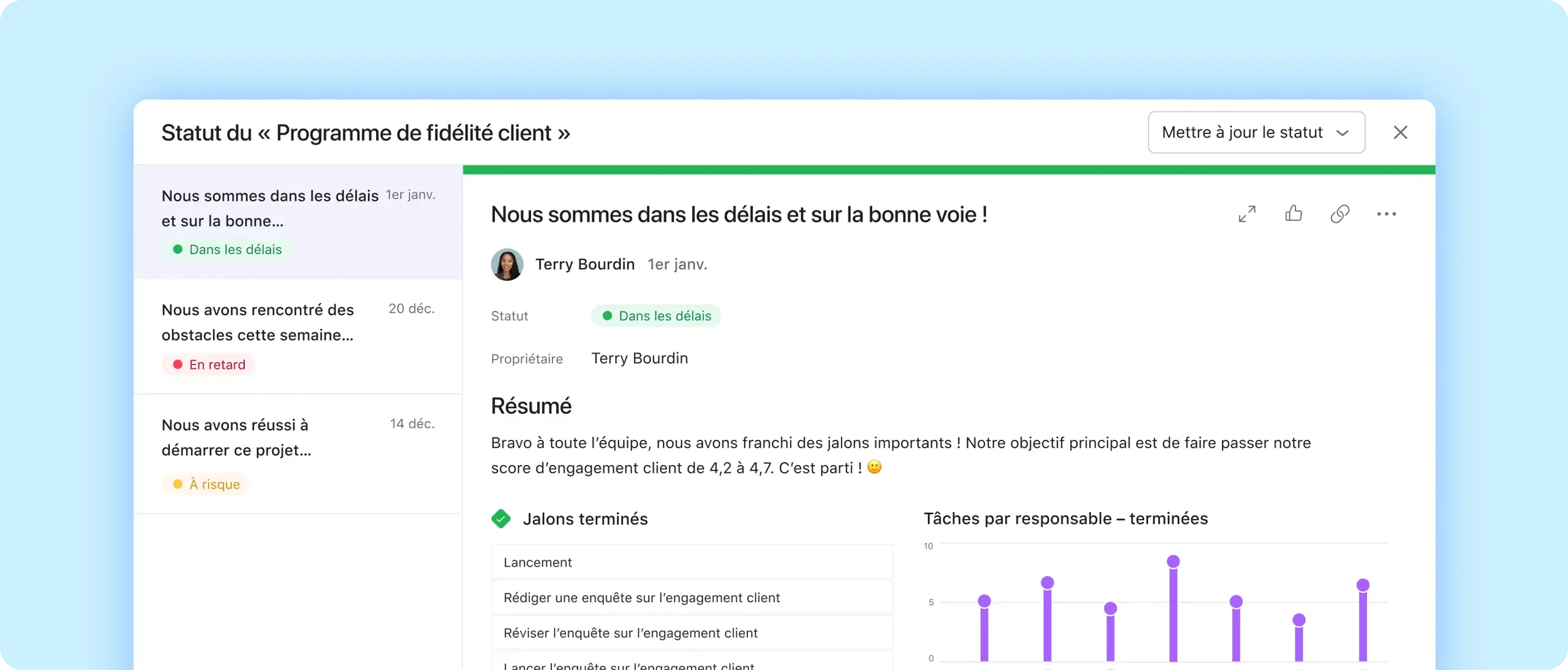 Status updates screenshot in Asana