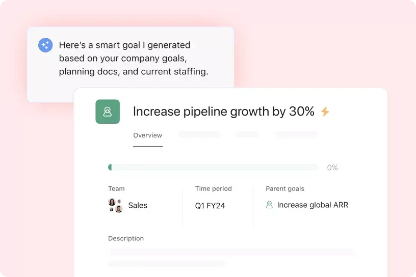 Asana product UI showing Asana Intelligence creating a recommended goal based on existing company goals, documentation, and staffing allocations