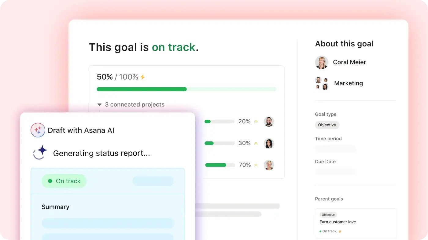 Product UI of Asana AI generating a status report on an existing goal set up in Asana