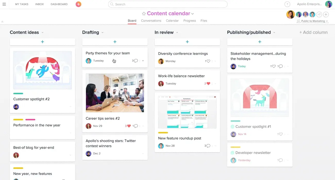 Product UI: Asana content calendar board