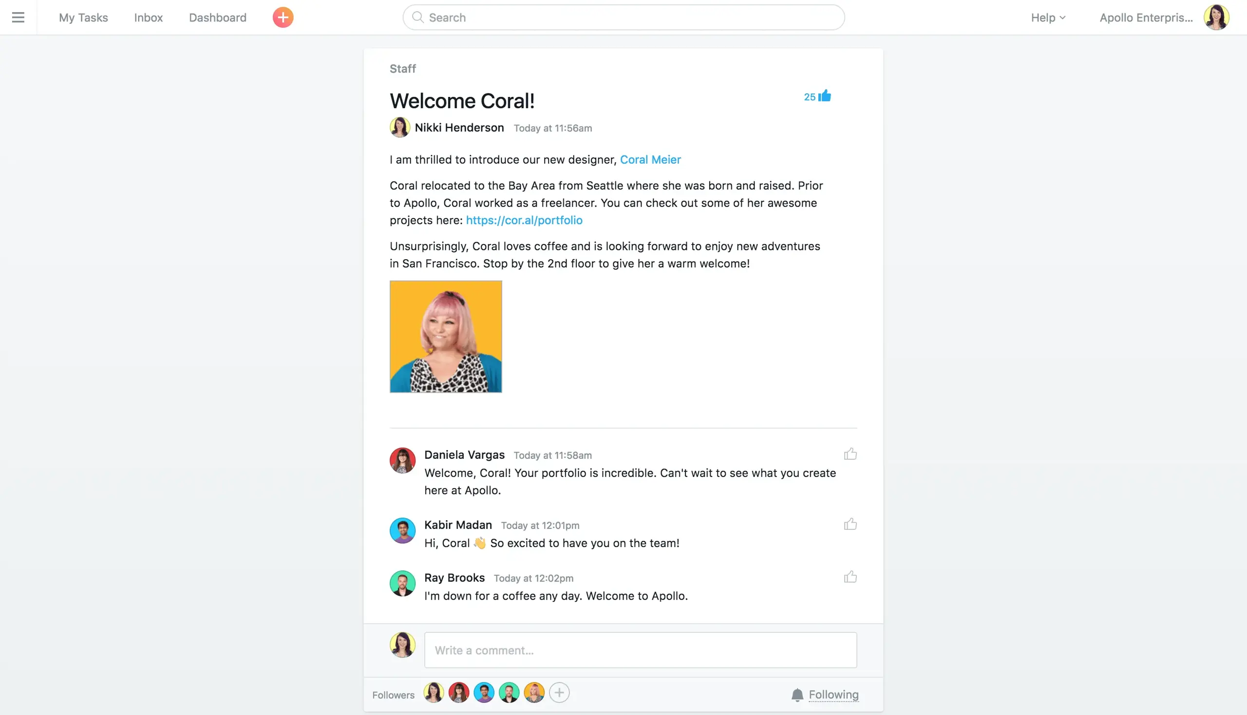 Product UI: A welcome announcement for a new starter in Asana