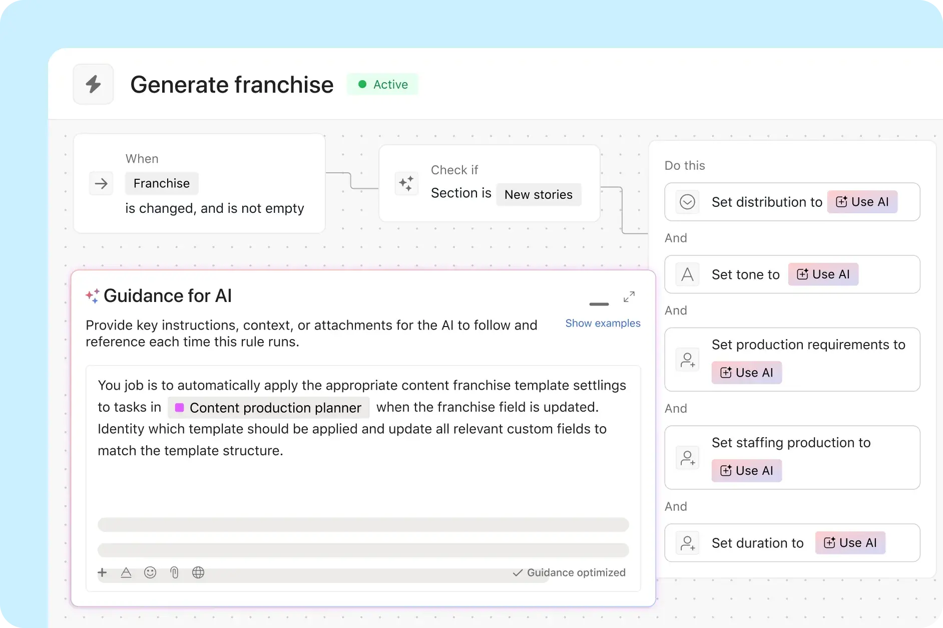 Asana product UI image showing how an AI Studio rule suggests specific content franchises and related production subtasks in a content production workflow