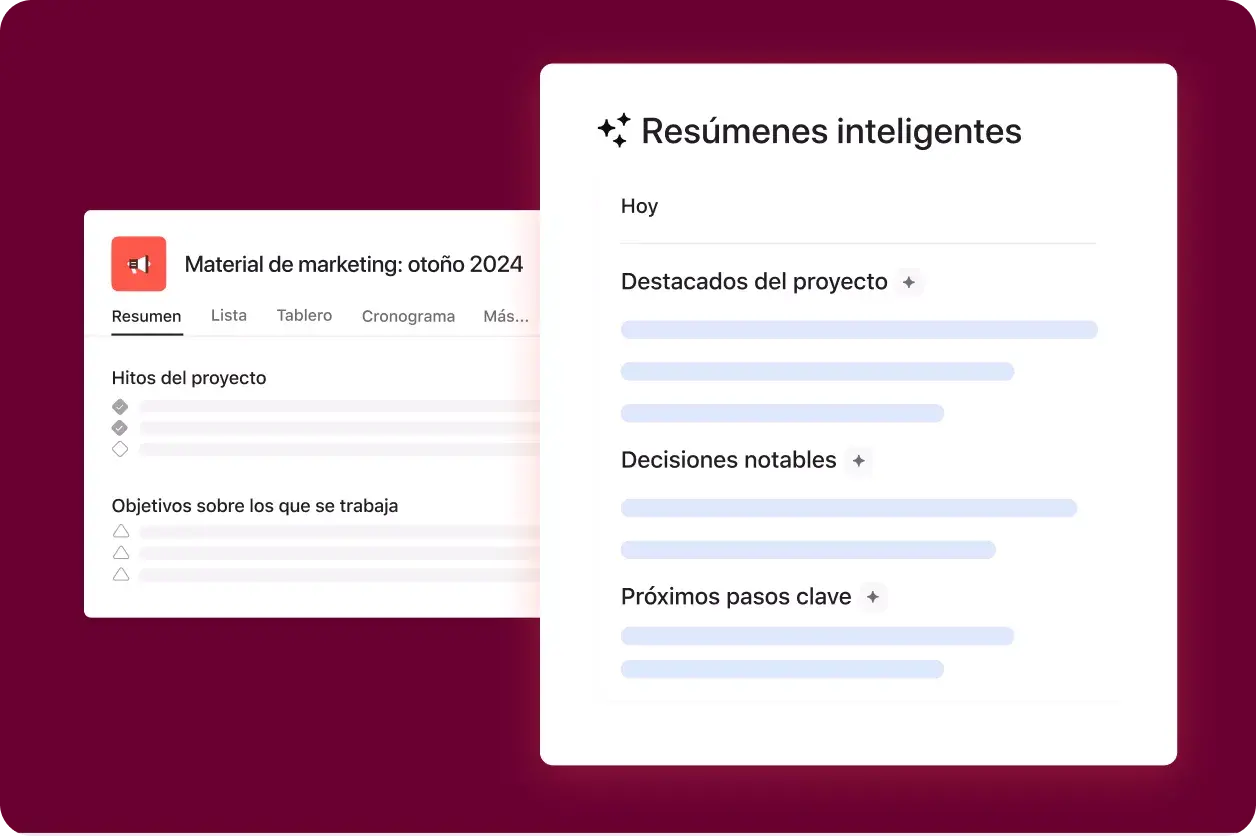 Interfaz de usuario de Asana donde se muestra a Asana Intelligence creando un resumen de actualización de estado para un proyecto “Material de marketing: otoño 2024”.