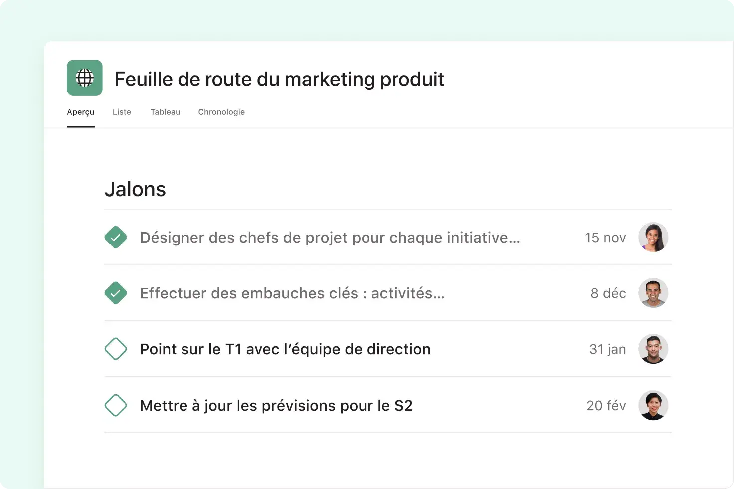 suivi des jalons de projet sur Asana