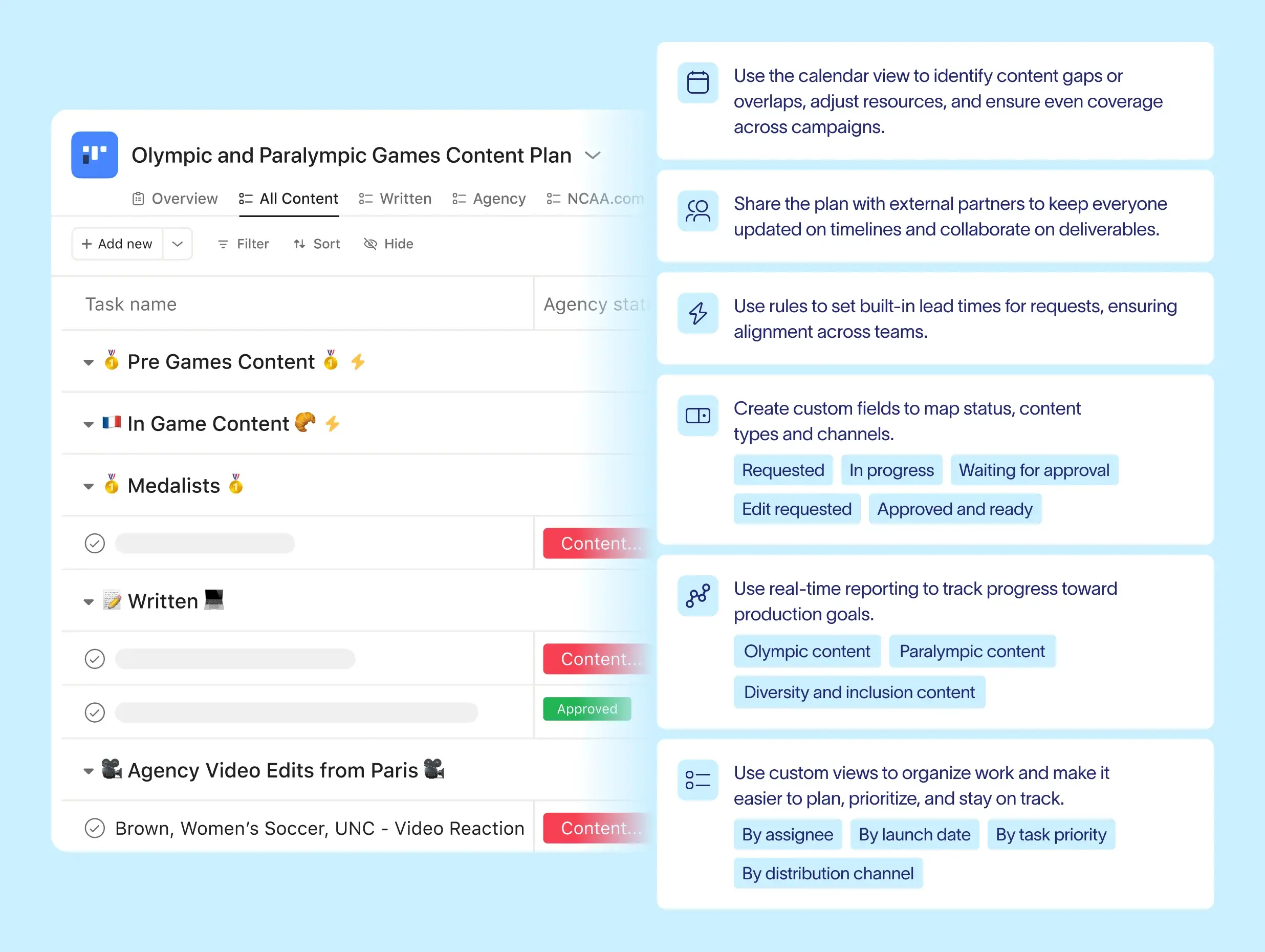 Asana project "Olympic and Paralympic Games Content Plan" showing sections like Pre Games Content and Medalists. Six tip cards explain calendar views, external sharing, rules, custom fields, reporting, and custom views.