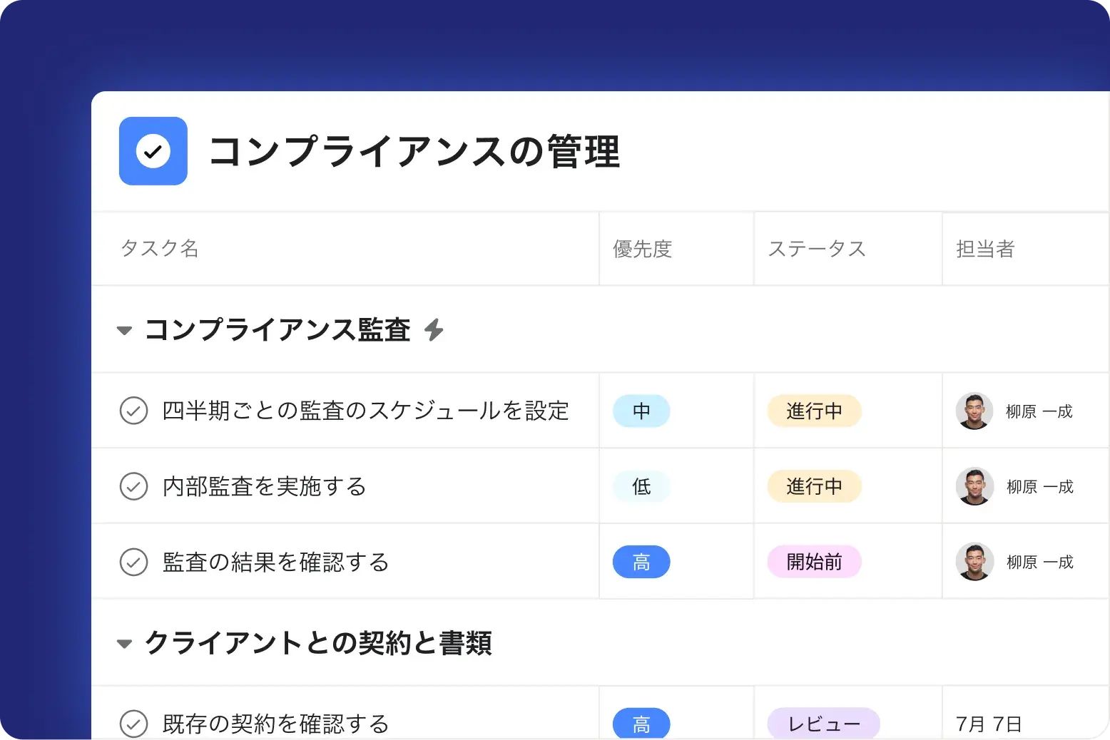 コンプライアンス監視に関する製品 UI