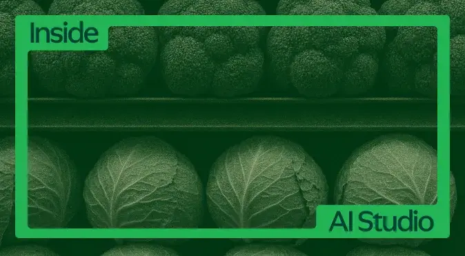 Image that reads "Inside AI Studio" with vegetables in the background. Article highlights how Australian grocery chain Woolworths using Asana AI Studio.