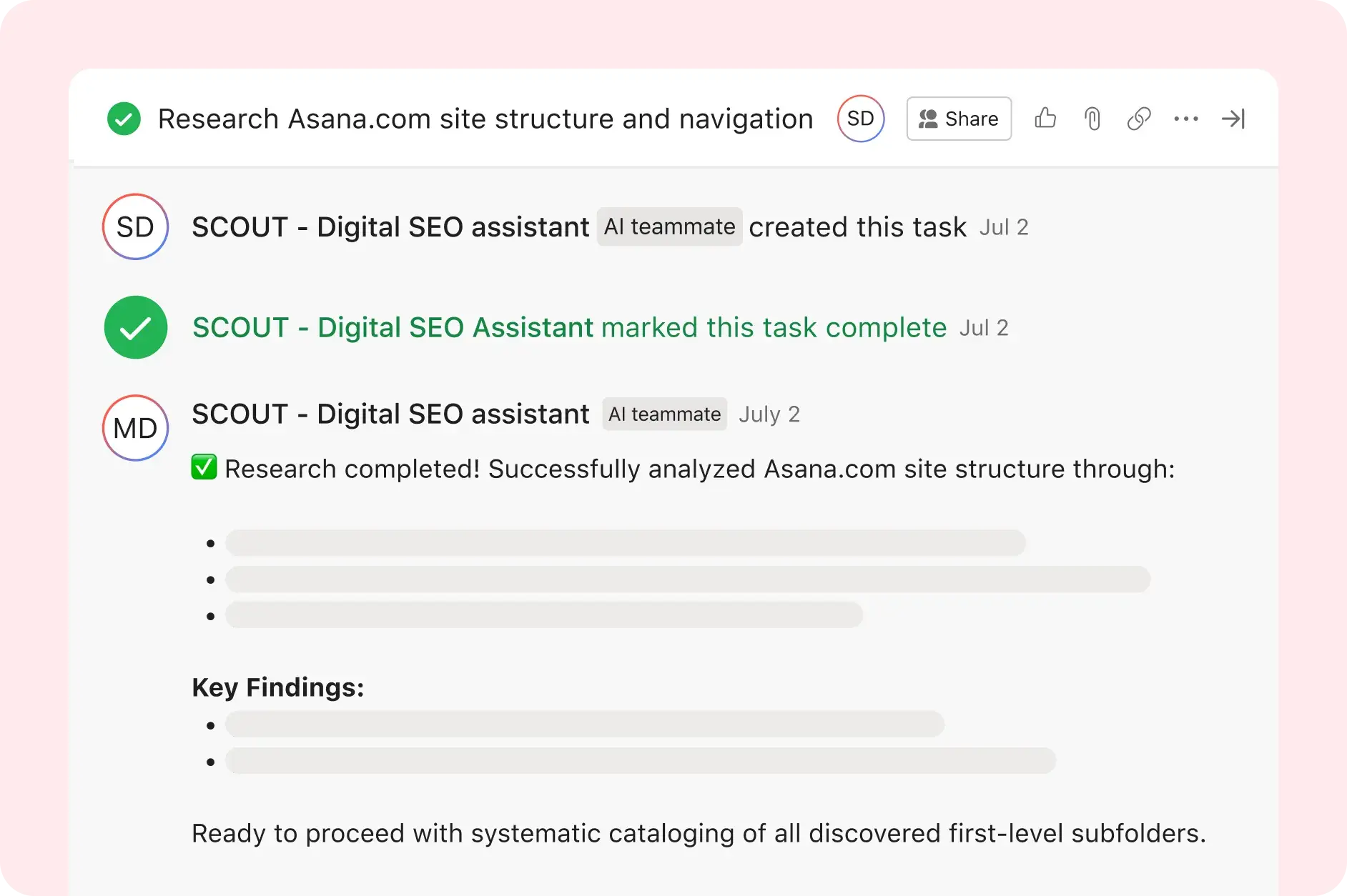 Asana product UI image showing an SEO assistant AI Teammate completing the research steps for compiling all Asana.com page types