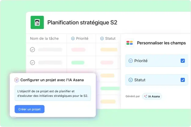 Product UI showing Asana AI automatically creating a project based on the prompt "The purpose of this project is to plan and execute strategic initiatives for H2."