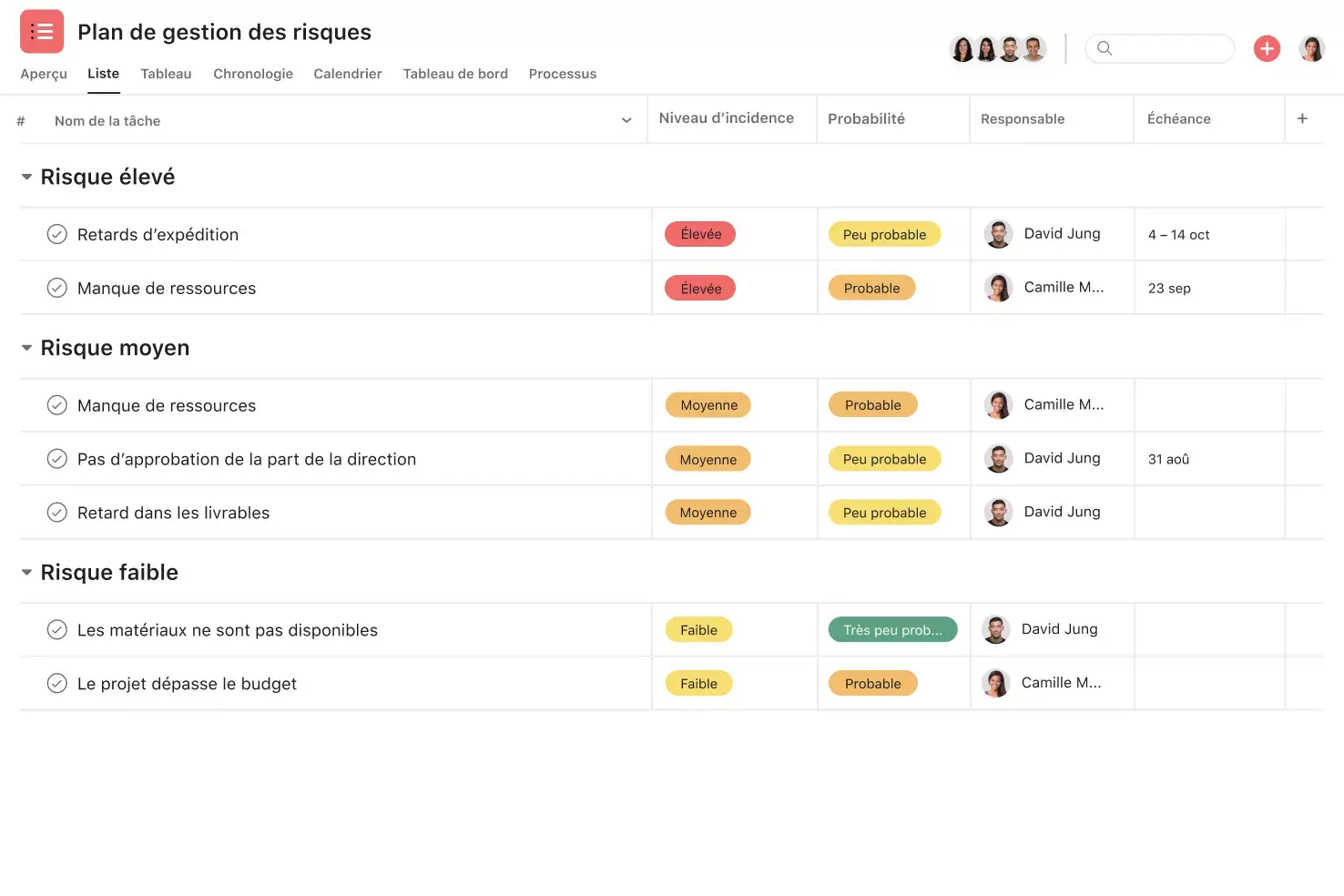 [Interface produit] Modèle de plan de gestion des risques sur Asana (vue Liste)