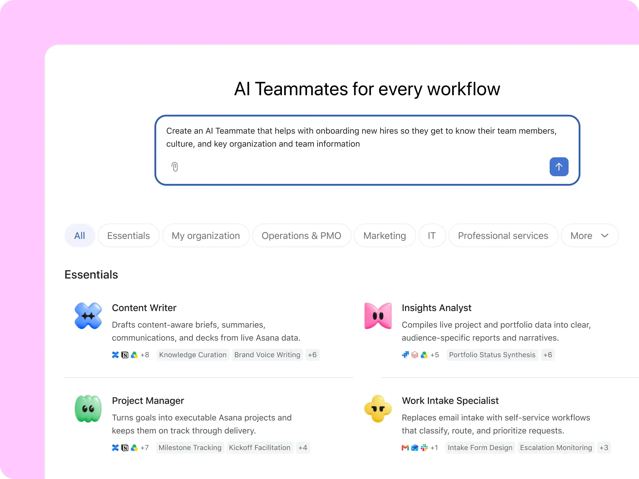 Asana UI showing the AI teammate gallery. A grid displays pre-built AI agents categorized by function like Marketing and IT. Example cards include a Competitive Market Researcher, Campaign Brief Writer, and Content Localization Manager.