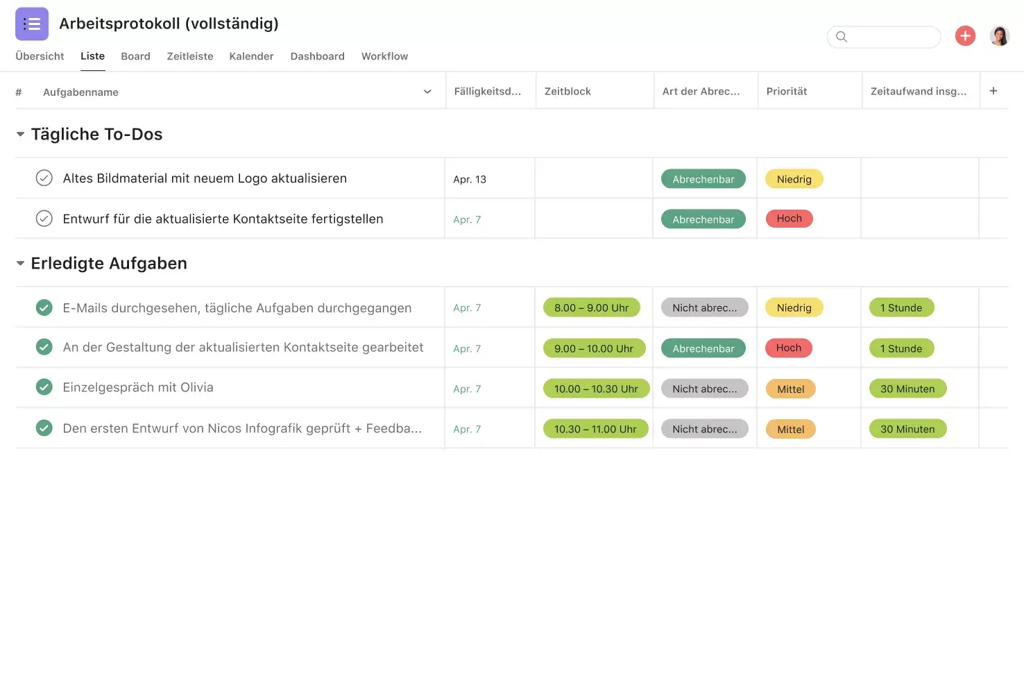 [Produkt-UI] Vorlage für Arbeitsprotokolle mit erledigten Aufgaben in Asana (Listenansicht)