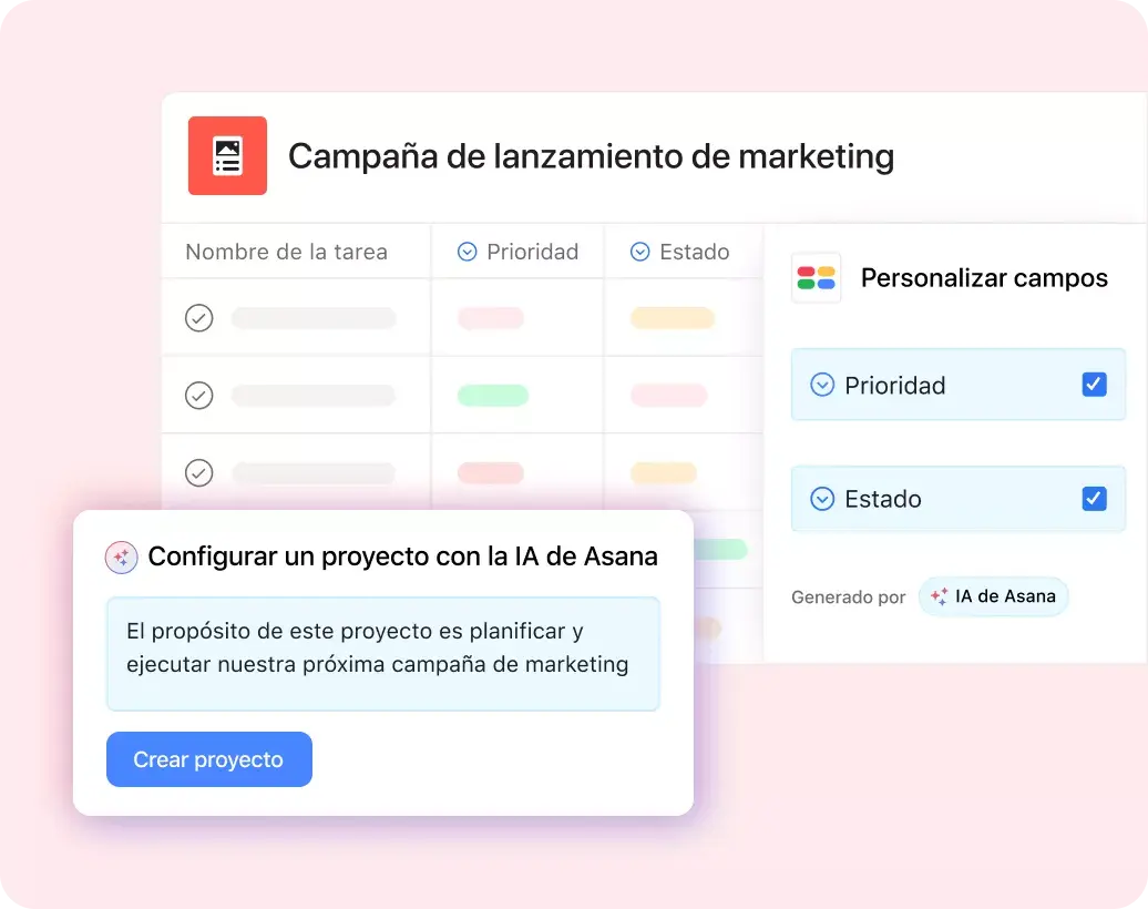 Interfaz de usuario del producto donde se muestra a la IA de Asana creando un nuevo proyecto basado en la indicación “El propósito de este proyecto es planificar y ejecutar nuestra próxima campaña de marketing”