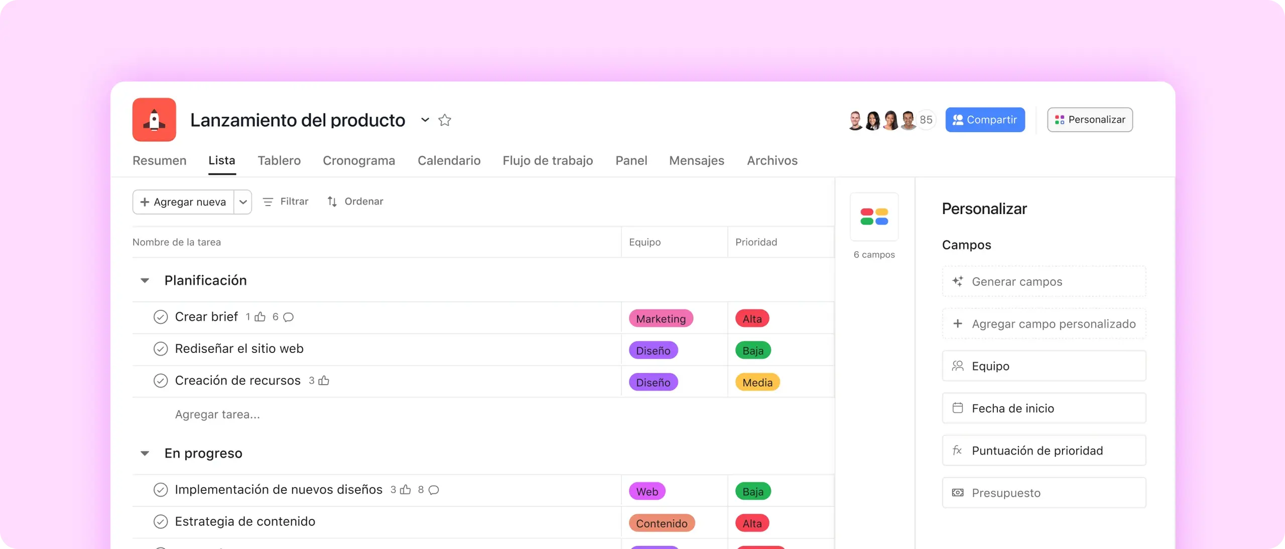 Custom Fields screenshot in Asana