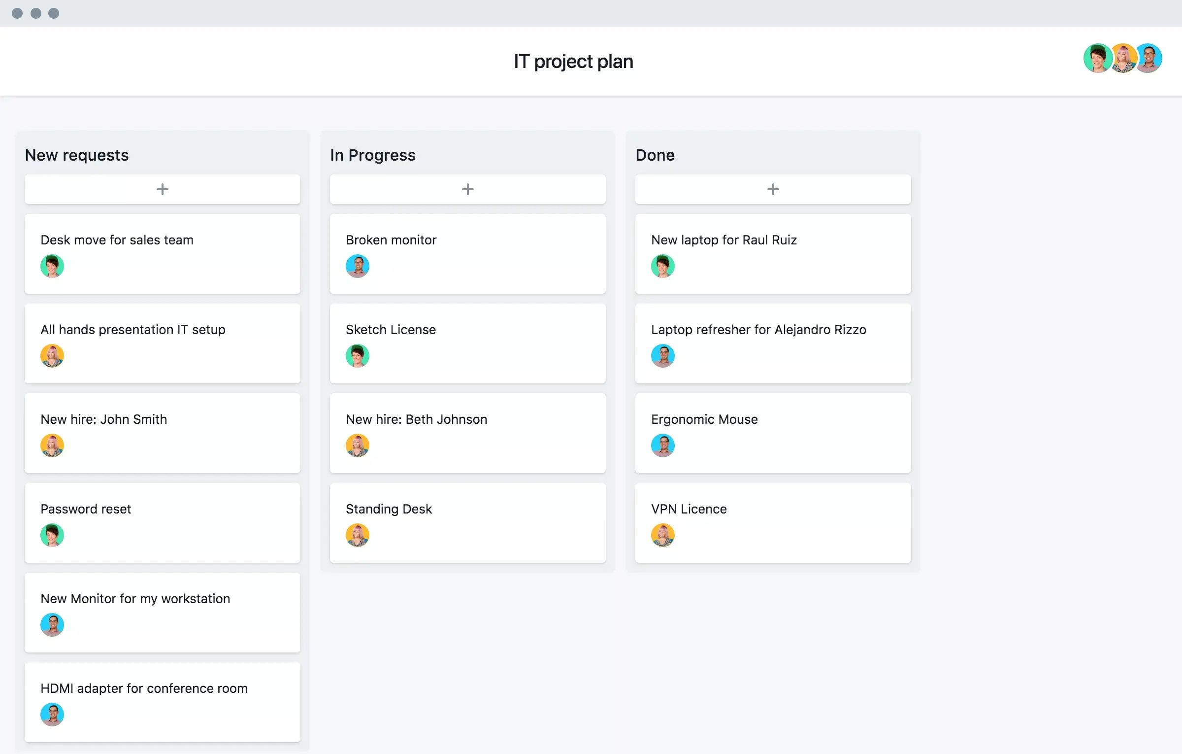 [Old product ui] IT project plan template in Asana, Kanban board style view (Boards)