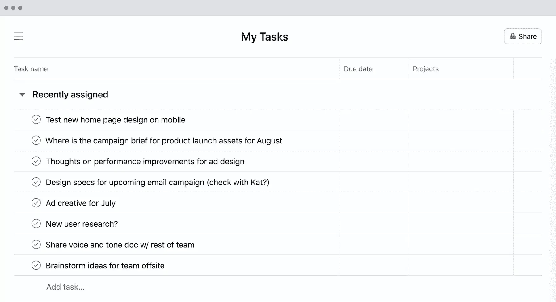 [Visualização de lista] Método GTD desorganizado num projeto em Minhas tarefas na Asana (passo 1)