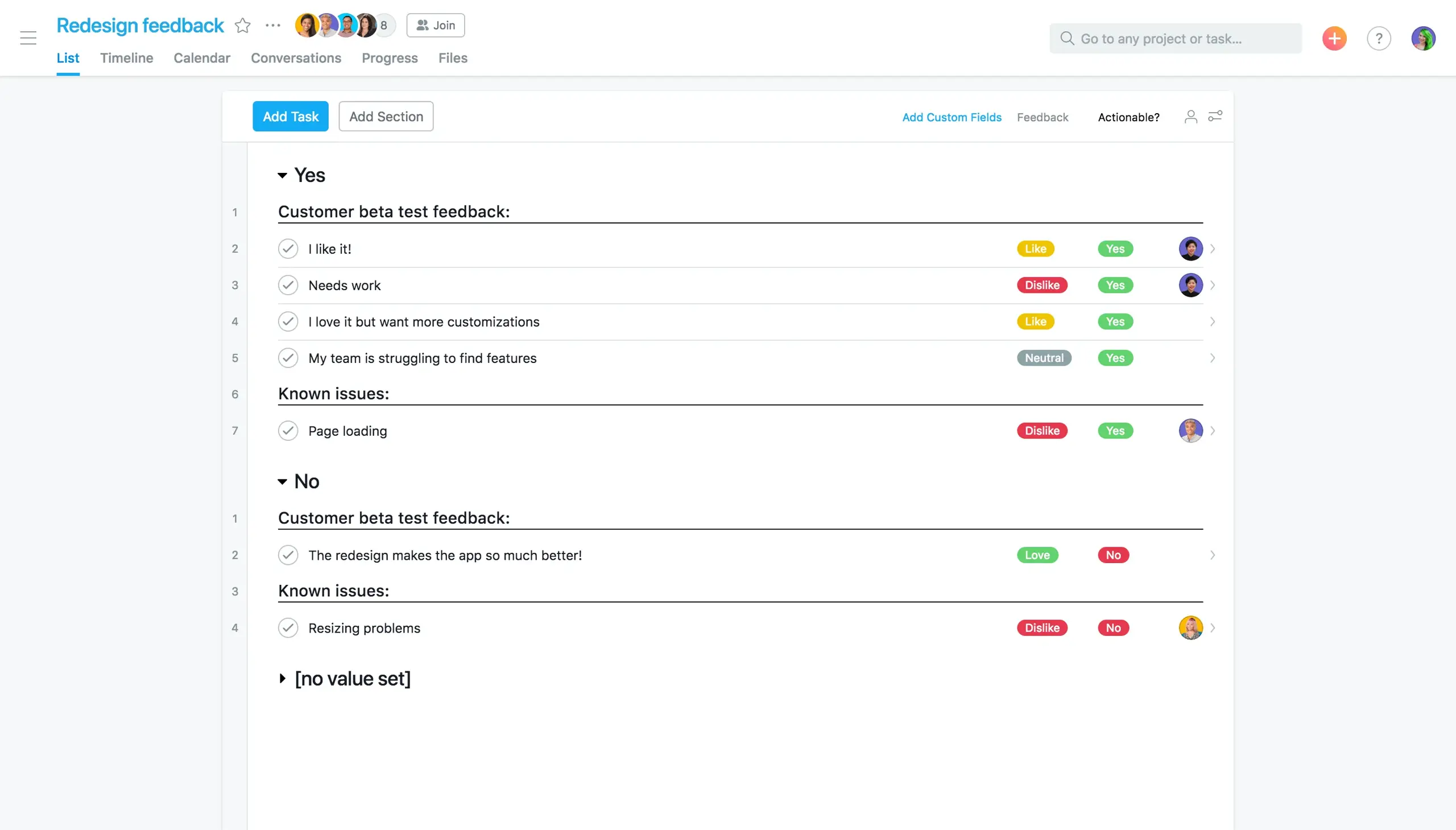 customer feedback sorted by actionability custom fields