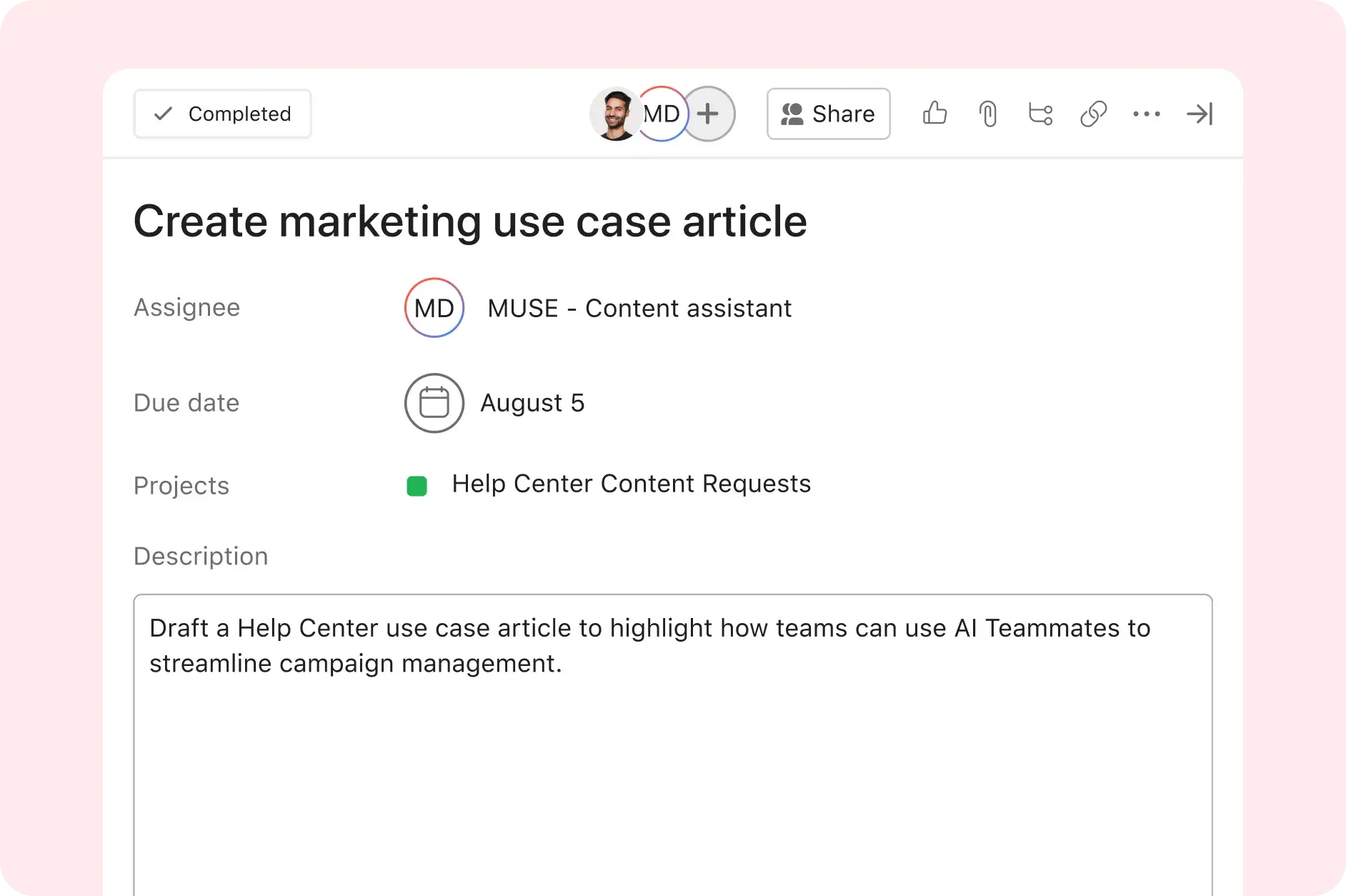 Asana product UI image showing a content assistant AI Teammate assigned the task of writing an article