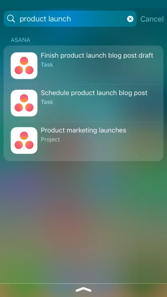 Spotlight search for Asana's iPhone app