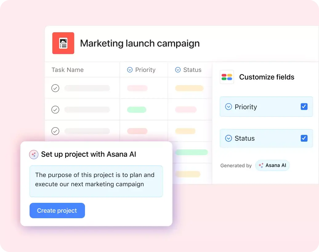 Interfaccia utente del prodotto che mostra l’IA di Asana creare un nuovo progetto in base al prompt: “Lo scopo di questo progetto è pianificare ed eseguire la nostra prossima campagna di marketing”