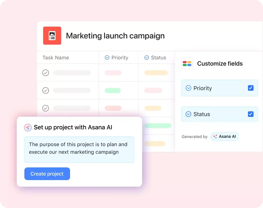 Interface de usuário do produto mostrando a IA da Asana criando um projeto a partir da seguinte informação: “A finalidade deste projeto é planejar e executar a nossa próxima campanha de marketing”