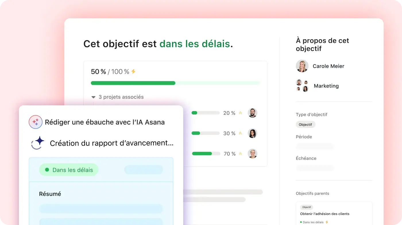 Interface utilisateur du produit de l’IA Asana générant un rapport d’avancement sur un objectif existant configuré sur Asana