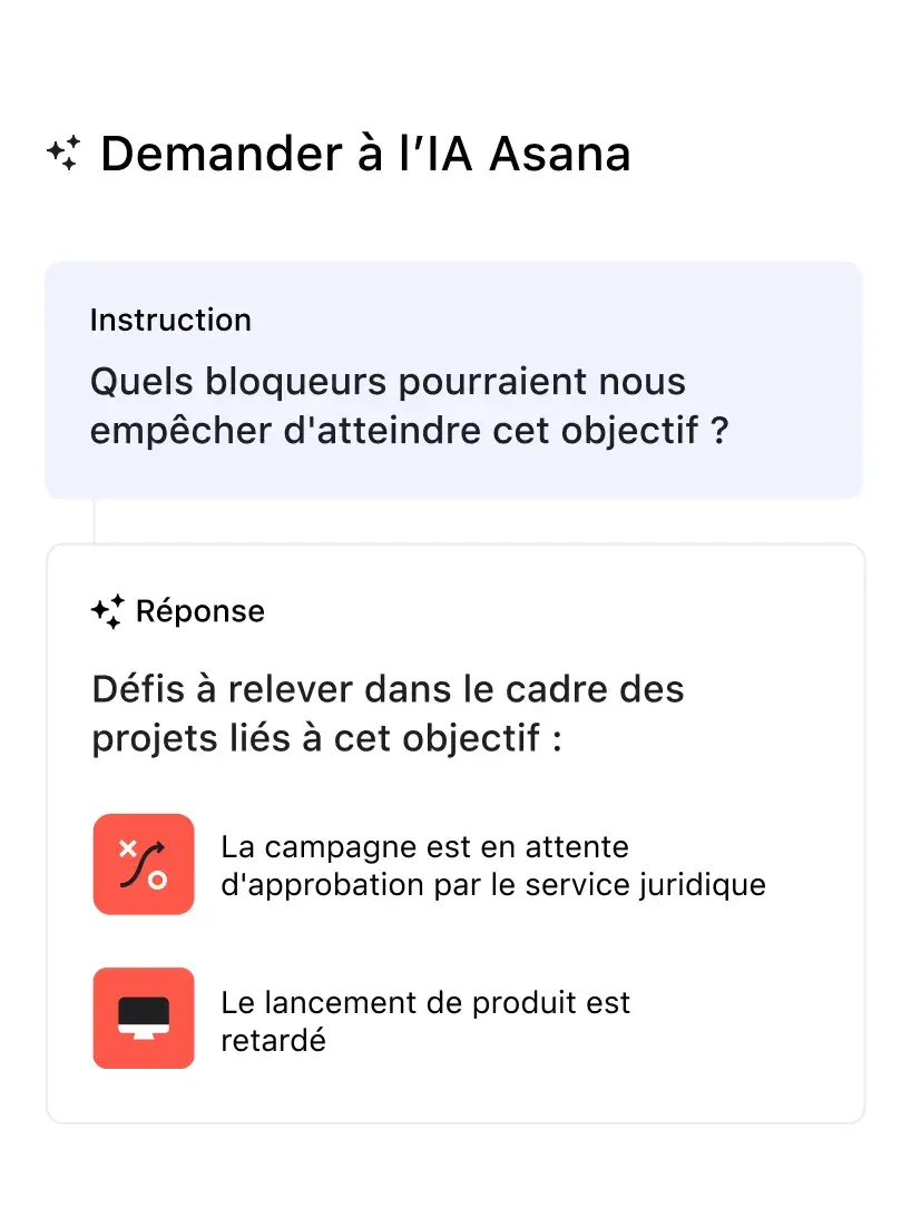 Interface utilisateur produit Asana montrant l’IA Asana répondant à l’invite « Quels sont les défis qui pourraient nous empêcher d’atteindre un objectif de projet »