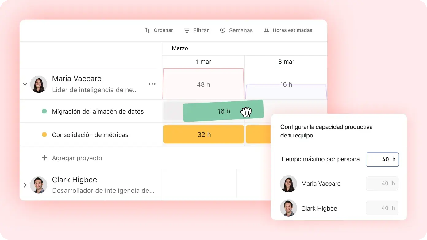 Interfaz de usuario del producto que muestra cómo un usuario puede arrastrar y soltar horas 