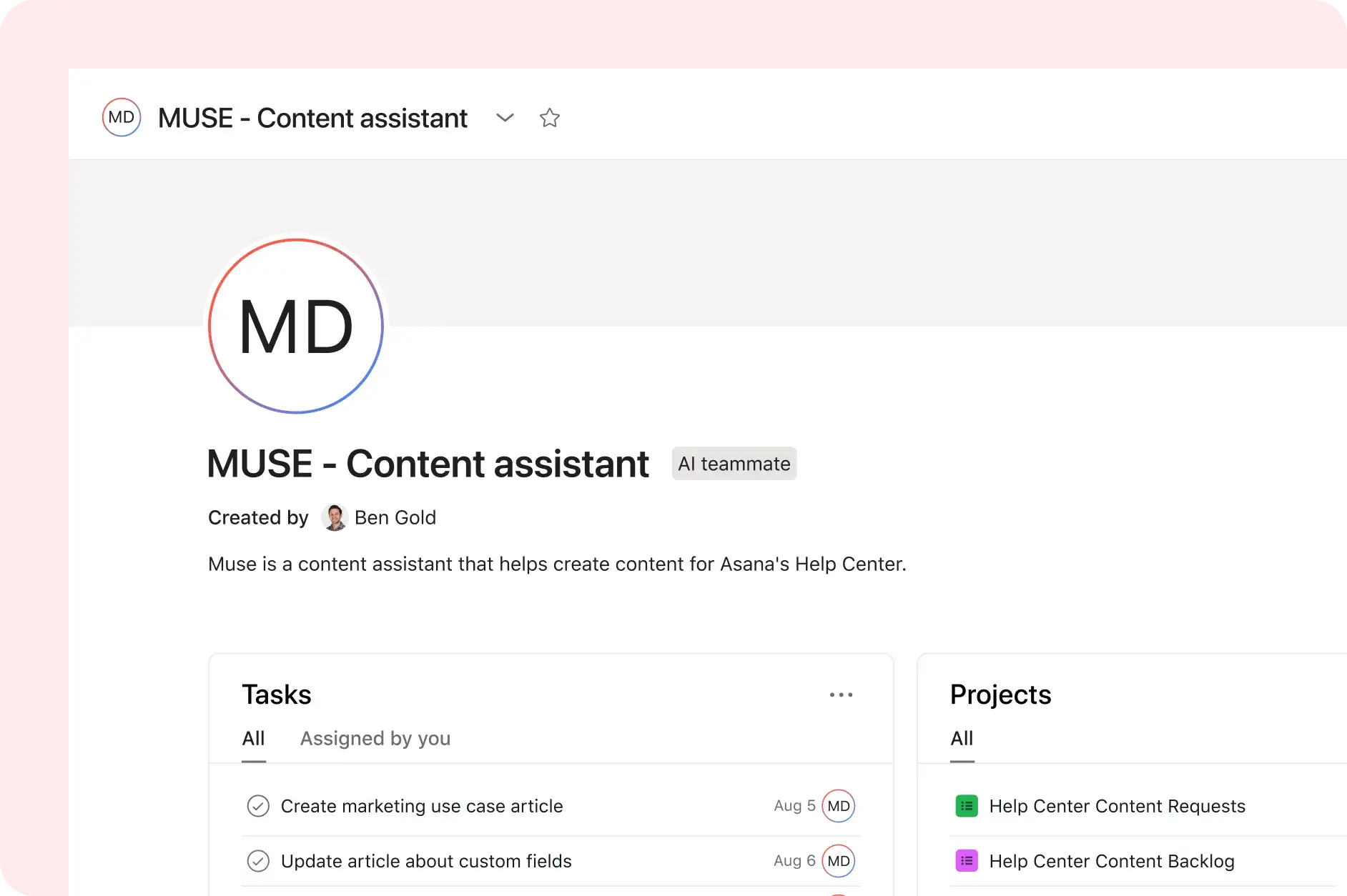 Asana product UI image showing how to use AI Teammates to create a content assistant
