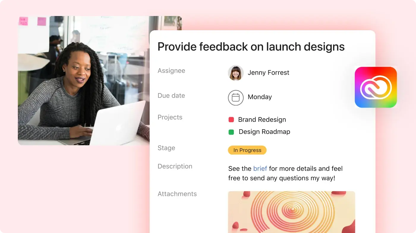 Asana Product UI of creative review task with Adobe Creative Cloud integration 