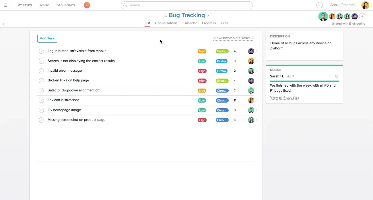 Product UI: Bug tracking in Asana