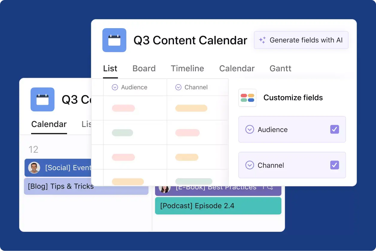 Interface de usuário do produto Asana: calendário de conteúdo