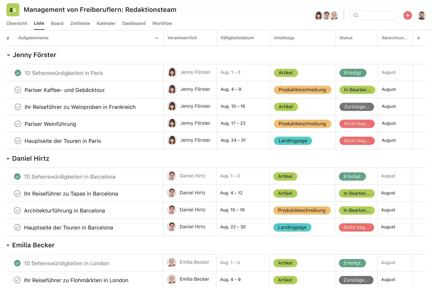 [Produkt-UI] Freelancer-Management-Projekt in Asana, Projektansicht im Tabellenformat (Liste)