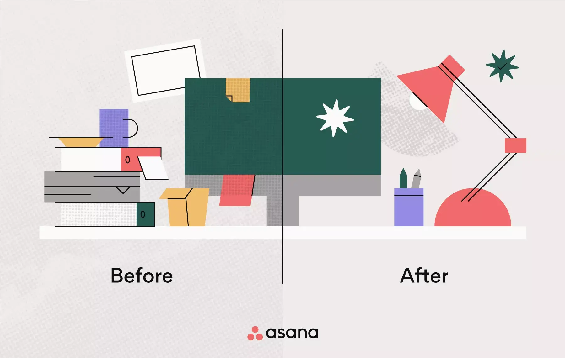 [inline illustration] before and after work desk organization (abstract)