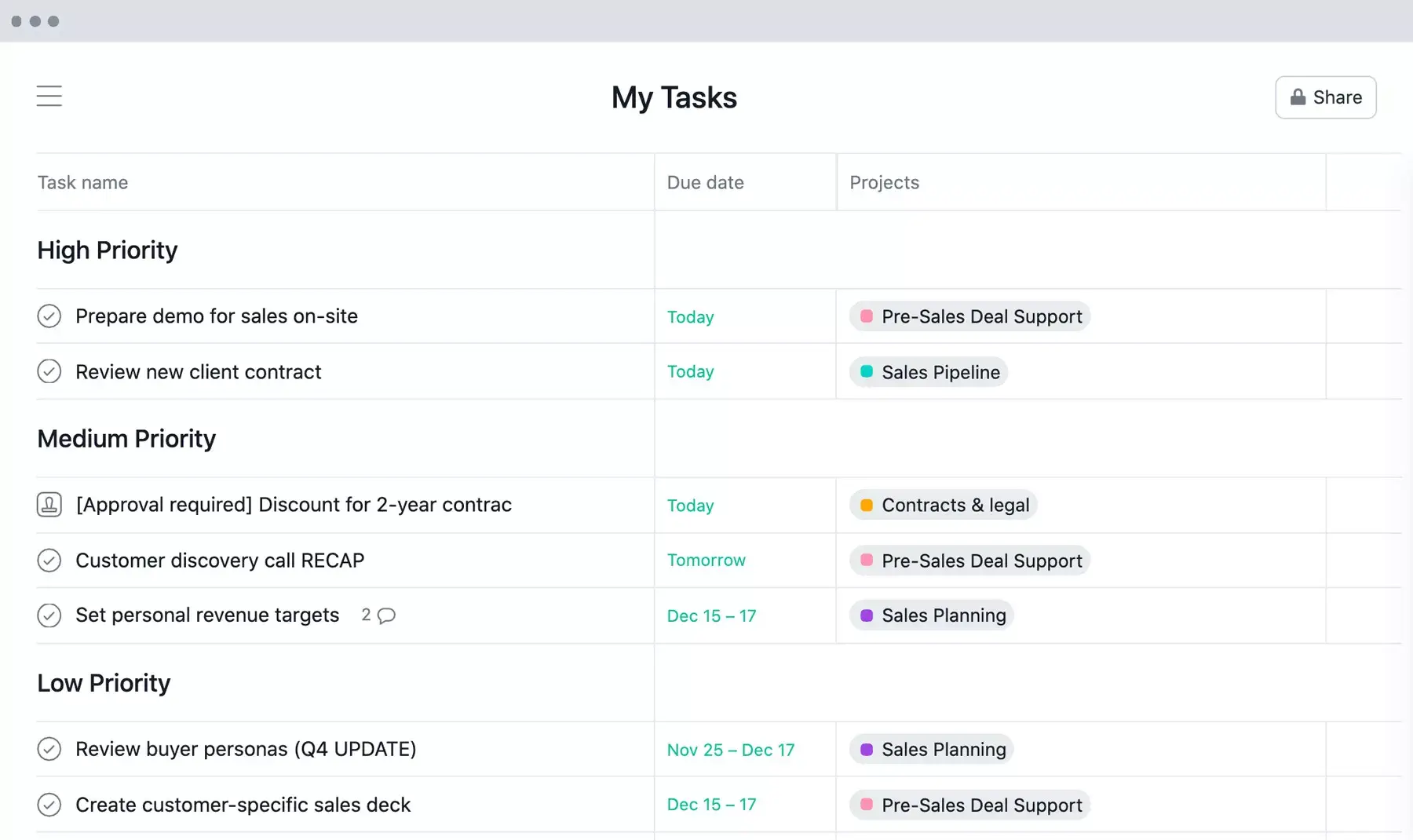 [Old Product UI] My Tasks organized by priority, spreadsheet-style project management in Asana (Lists)