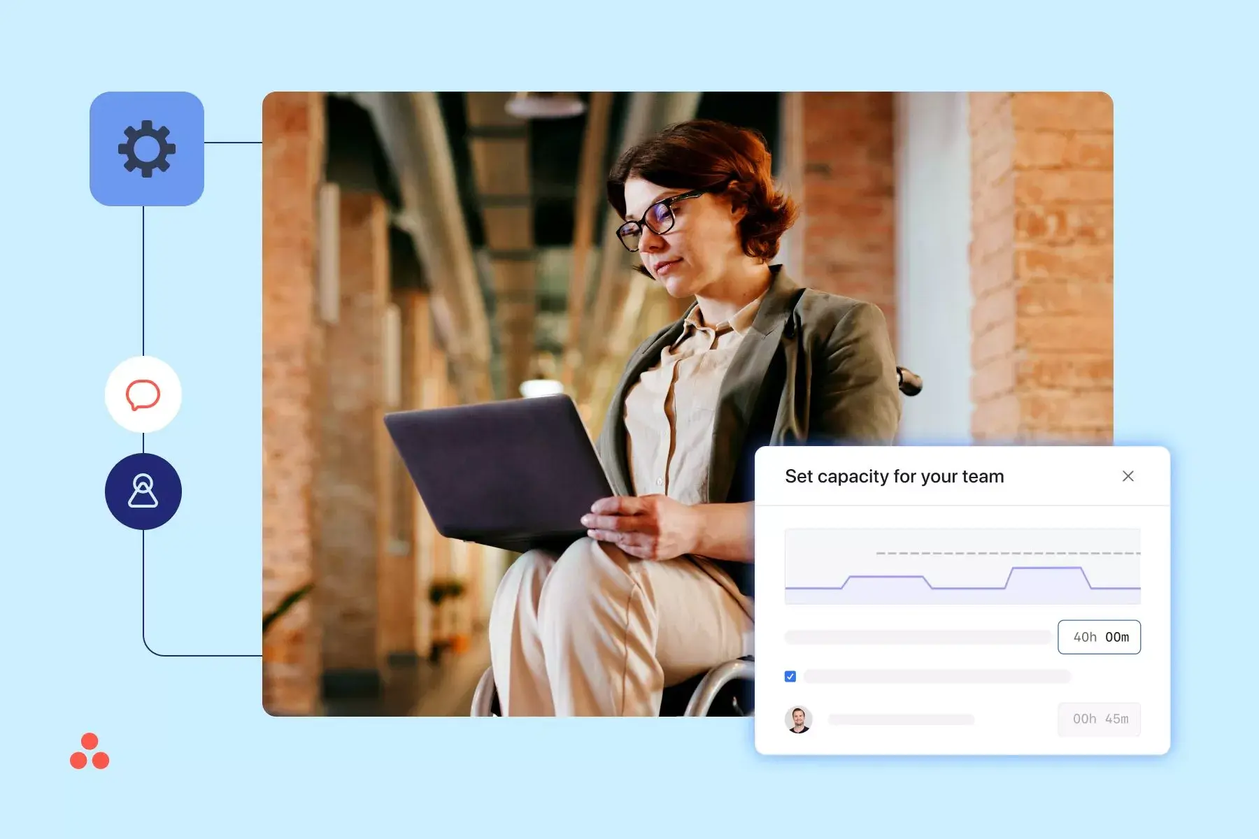 Banner image for an article on resource management for enterprise organizations. Shows a photograph of a woman in an office environment and illustrations representing data and communications.