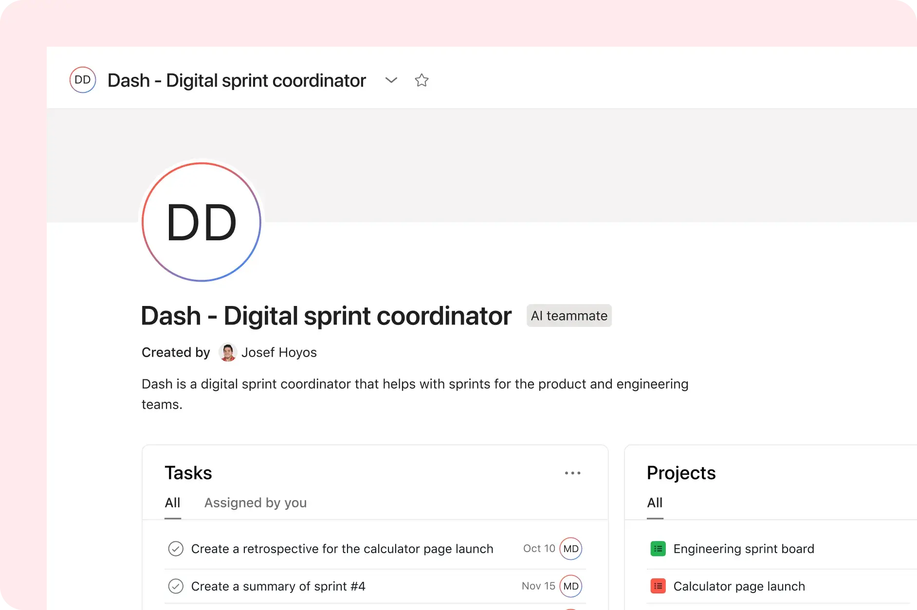 Asana product UI image showing an AI Teammate set up as a digital spring coordinator