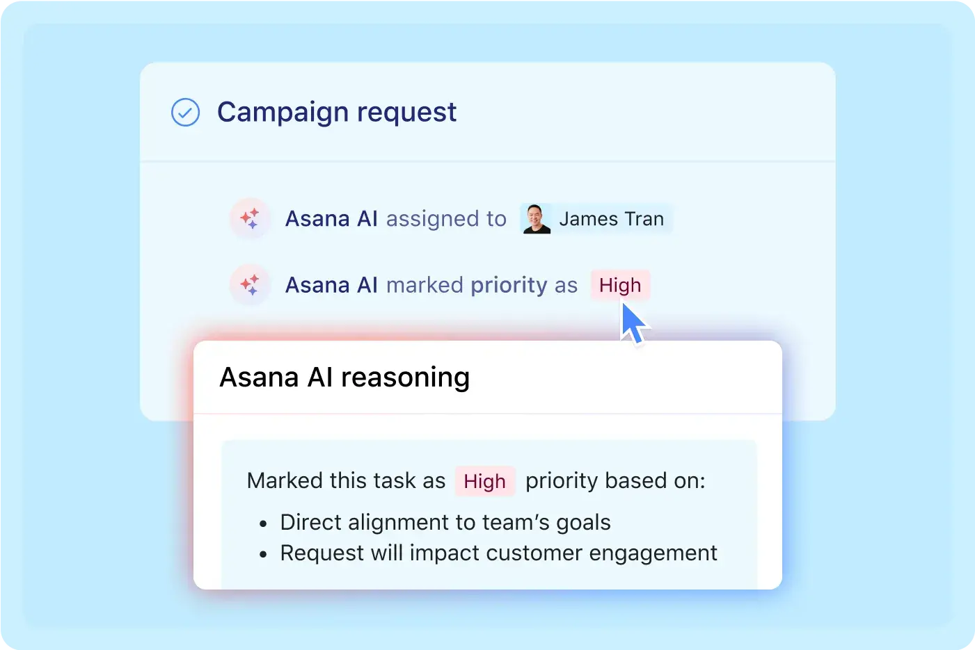 Asana project — AI Teammate assigned to a workflow step; task detail showing AI-generated output with human approval prompt