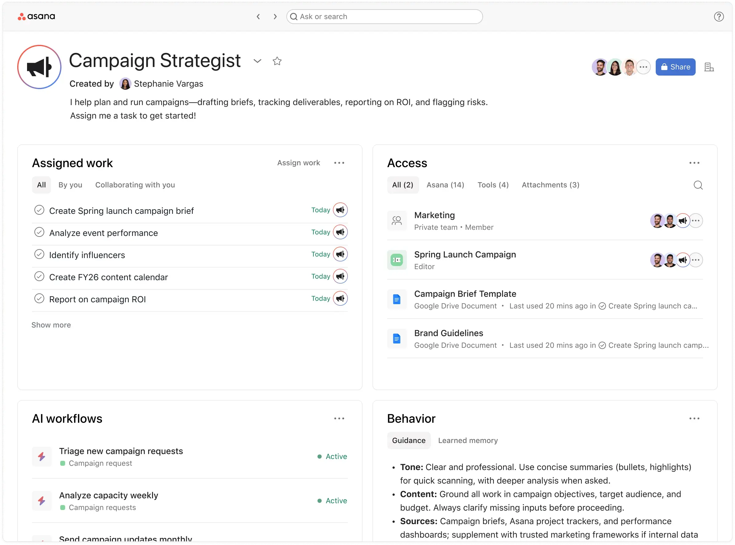 Product UI showing how Asana AI Teammates access work context 