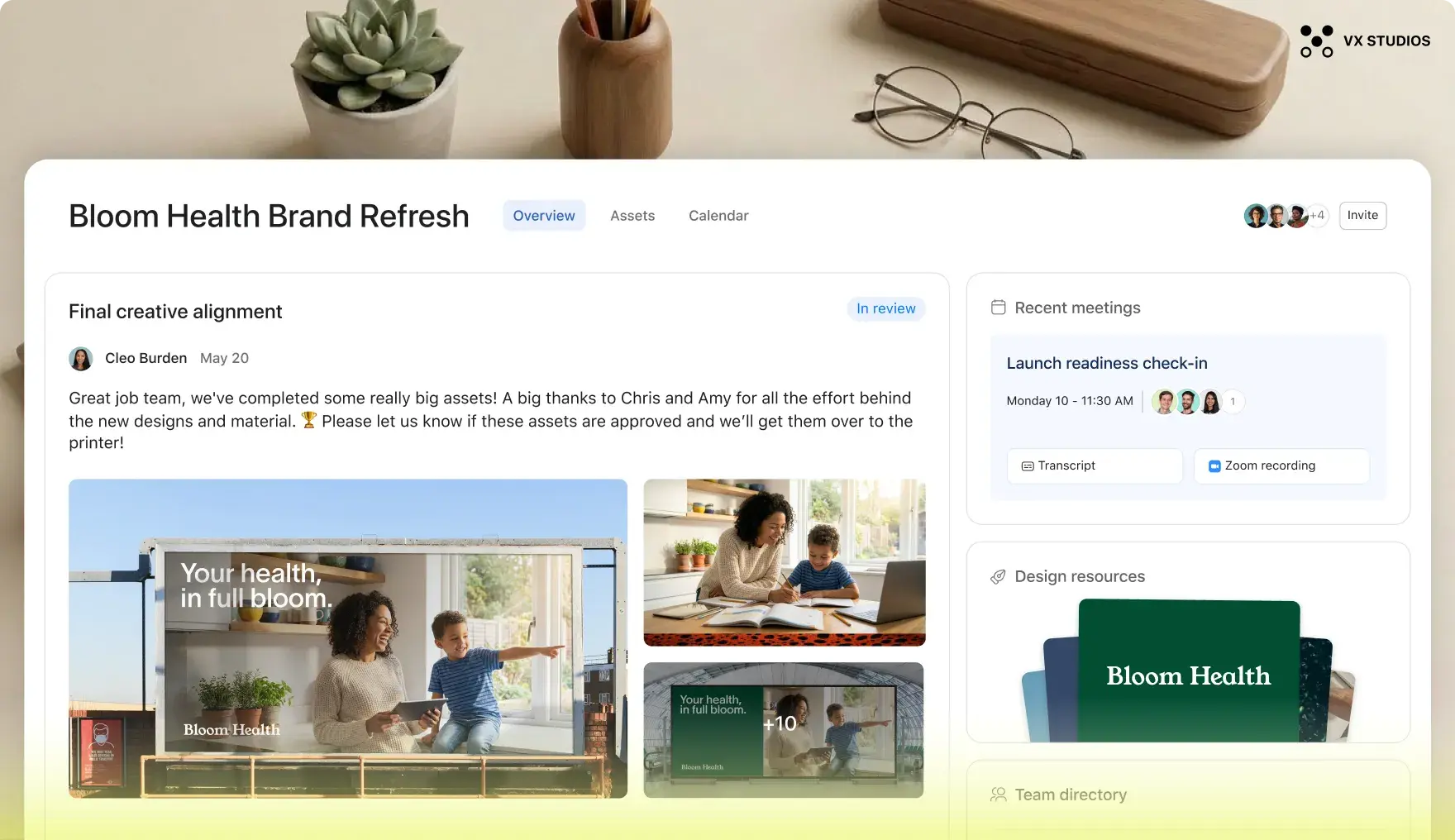Asana UI for a "Bloom Health Brand Refresh" project. The feed shows a creative update with billboard mockups. A sidebar displays recent Zoom meetings, design resources, a team directory, and timezones.